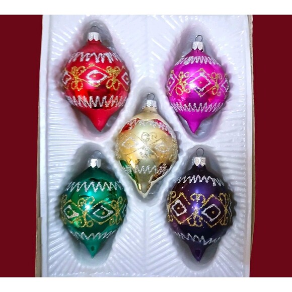 Vtg Christmas Classics Blown Glass Teardrop Ornaments Set Hand Decorated Romania - Picture 2 of 4